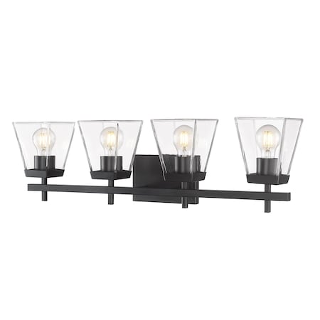 Z-Lite Lauren Vanity, 4-Light, 30.5 In.W x 6.5 In.L x 8.5 In.H, Matte Black/Clear 819-4V-MB